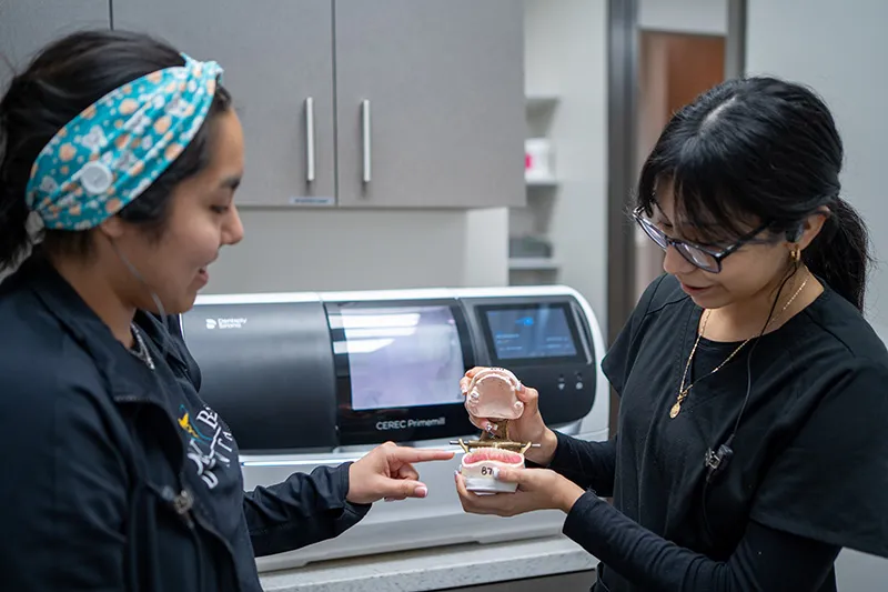 Dental hygienist performing a teeth cleaning.